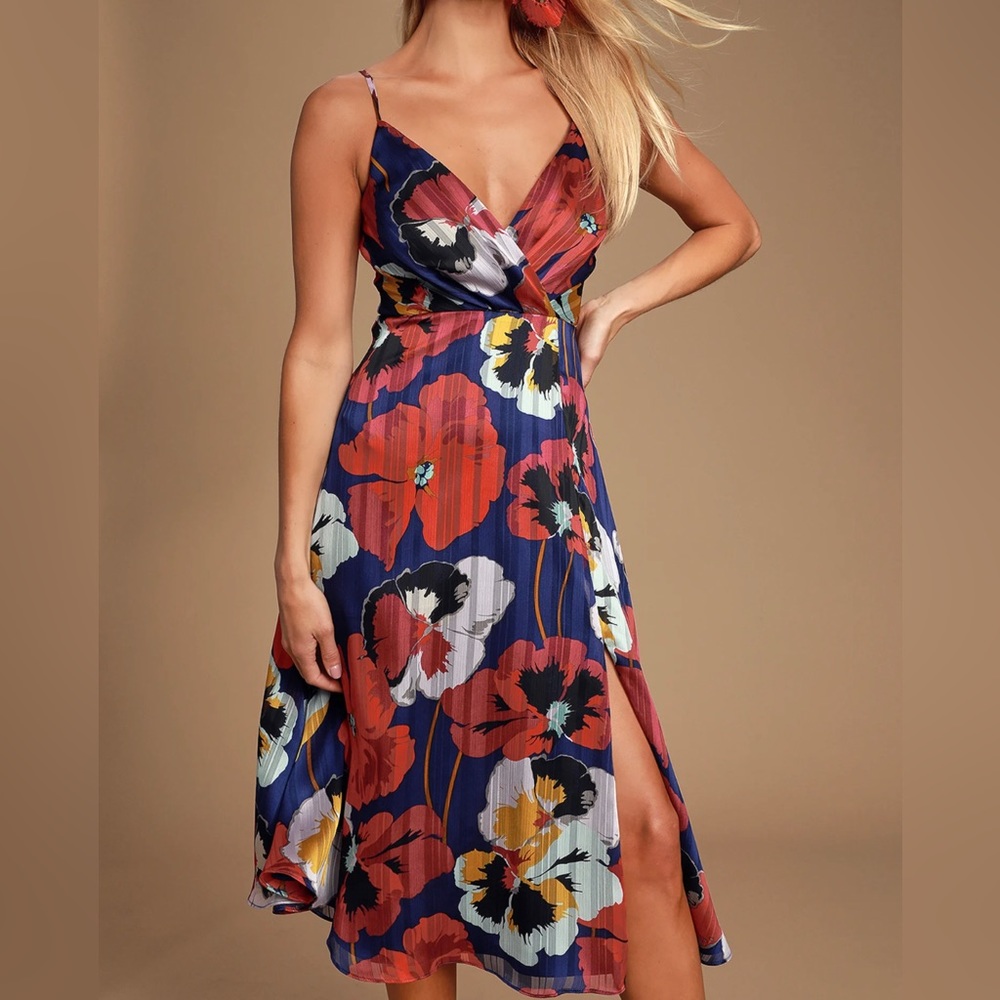 All About Love Royal Blue Floral Print Midi Dress, Lulus, Size Large